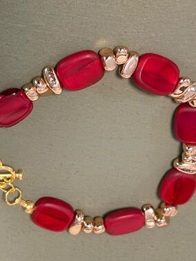 Red Beaded stone  Bracelet with Gold Accents